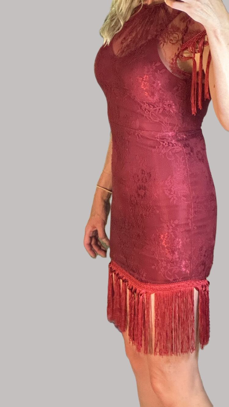 Lucy Wang Burgundy "Heartache Tonight" Lace Fringe Mini Dress Size M